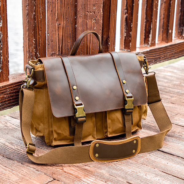 Canvas Messenger Bag Vintage Leather Canvas Briefcase Shoulder