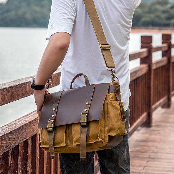 men's canvas leather laptop travel bag Canvas Messenger Bag Vintage Leather Canvas Briefcase Shoulder Crossbo –  RockCow Leather Studio