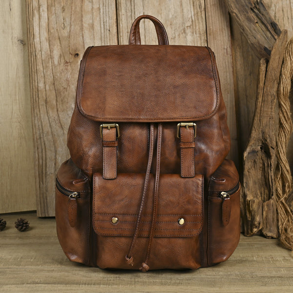 Full Grain Leather Laptop Backpack Large Capacity Weekender Overnight Camping Rucksack Men Leather Backpack Brown