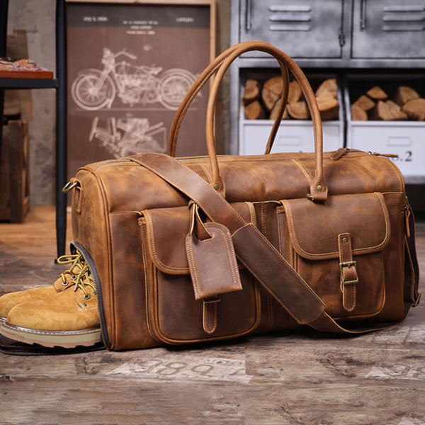 custom leather travel bag for men Full Grain Leather Weekender Bag Retro Travel Holdall for Men Handmade – RockCow Leather Studio
