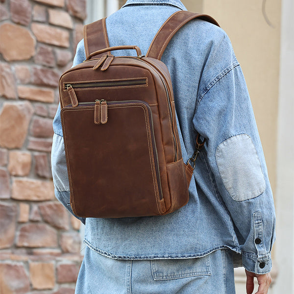 colorado custom leather backpacks Full Grain Men's Leather Backpack Retro 15-inch Laptop Backpack Handcrafted Cow Leather Backpack