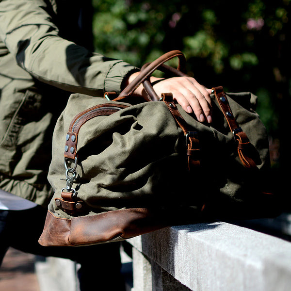 Waxed Canvas & Leather Weekender, Oversized Men's Travel Duffel, Durable Carry-On Bag