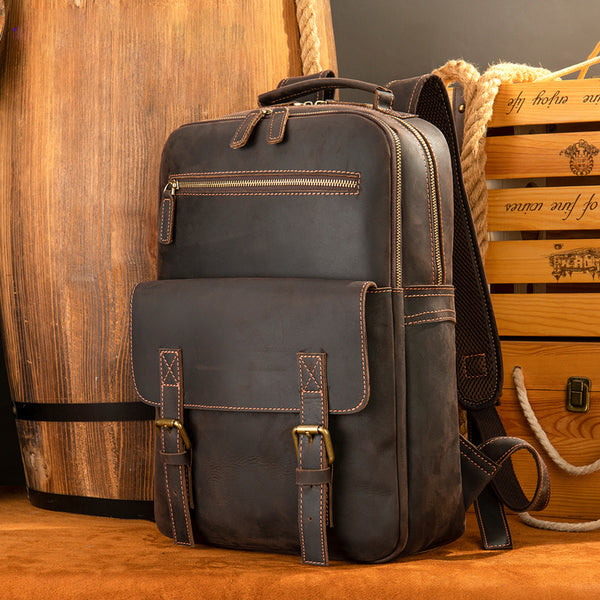 brown leather buckle backpack Leather Laptop Backpack for Men Vintage Full Grain Leather Backpack fo –  RockCow Leather Studio