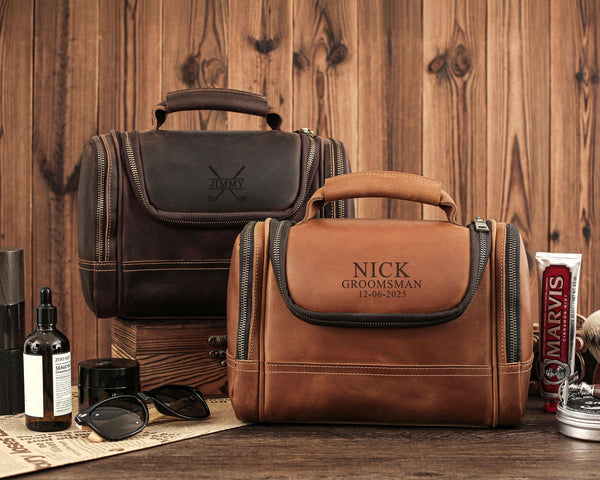 best travel toiletry bag men's Personalized Leather Dopp Kit, Laser Engraved Men’s Bag, Full Grain Leather Toiletry Bag, Gift for Him, Groomsmen Dark Brown / Engraving 7 Fishing Lake of Bays Wraparound zip opening for Color:DARK HITCH Trout Fly Rods