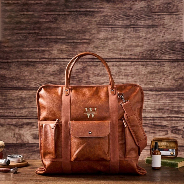 best men's suit travel bag Personalized Leather Garment Bag, Water Proof Carry On Garment Bag for Business Travel, Leather Men Suit Cover, Best Gift for Him Brown / Engraving 4