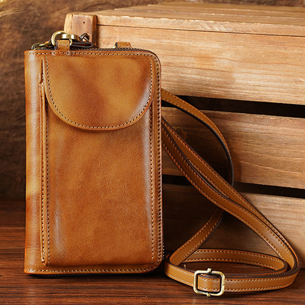 Vegetable Tanned Leather Crossbody Phone Bag Handmade Unisex Small Cell Phone Bag Phone Purse Mini Leather Crossbody Bag