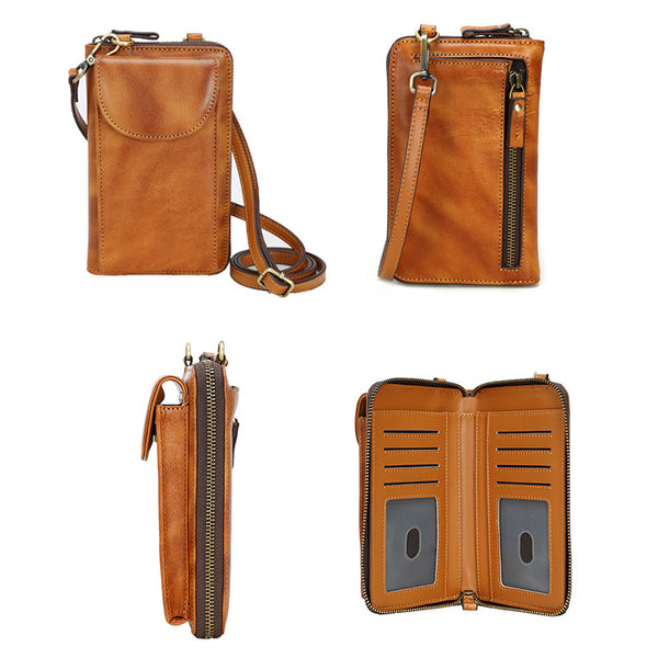 Vegetable Tanned Leather Crossbody Phone Bag Handmade Unisex Small Cell Phone Bag Phone Purse Mini Leather Crossbody Bag