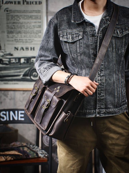 best leather mens laptop bag for travel Vintage Large Leather Briefcase 14" Leather Briefcase Laptop Bag Full Grain Leather Messenger Bag Crossbody Bag For Men