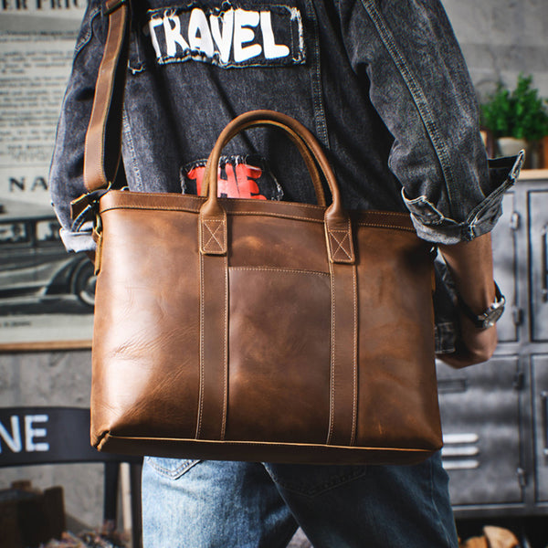 leather men's travel bag Vintage Leather Briefcase Full Grain Leather Messenger Bag Men Leather – RockCow Leather Studio