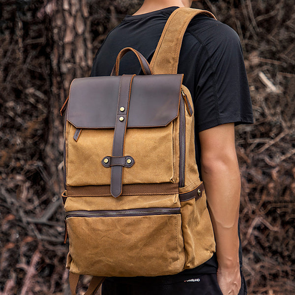 canvas leather travel backpack Waxed Canvas Backpack Large Travel Backpack Canvas School Rucksack Laptop Backpack Unisex Weekender Backpack