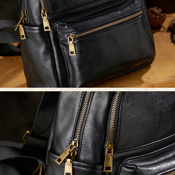 black leather backpack gold zipper Women's Full Grain Leather Backpack Genuine Leather College Bag for Work or Travel