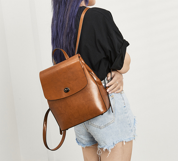 cool leather women's backpack Women's Top Grain Leather Backpack Simple Style City Backpack Natural Cowhide Leather Rucksack Classic Elegant Leather Backpack
