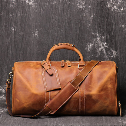 Vintage Crazy Horse Leather Duffle Bag with Shoes Compartment, Travel Bag, Weekend Bag