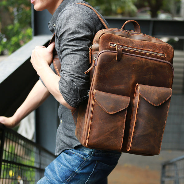 cool leather backpack Crazy Horse Leather Backpack Durable Travel Backpack School Backpack – RockCow Leather Studio