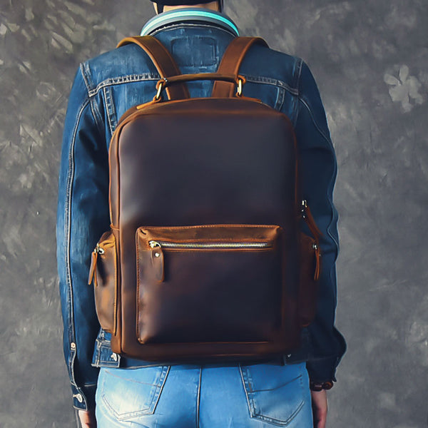 best leather travel backpack Men Retro Backpack Crazy Horse Leather Travel Backpack Laptop Backpack – RockCow Leather Studio