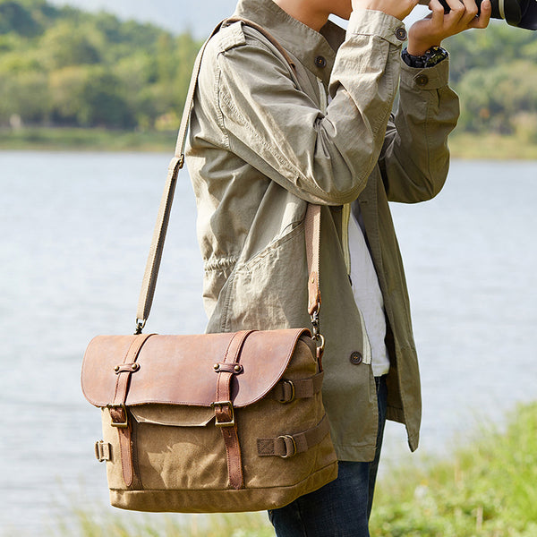 Leather With Canvas Camera Bag Waterproof DSLR Camera Bag Shoulder  Messenger Bag QSM3035