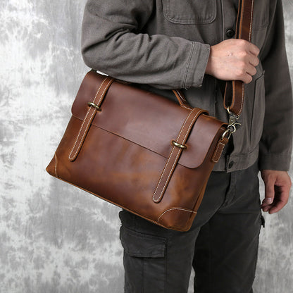 Handmade Full Grain Leather Briefcase Vintage Brown Business Messenger Bag Handbags