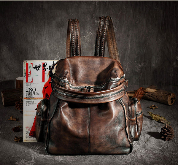 backpack vintage leather Small for Women Genuine Cowhide Daypack travel or business COOLCY Women Vintage Genuine Leather