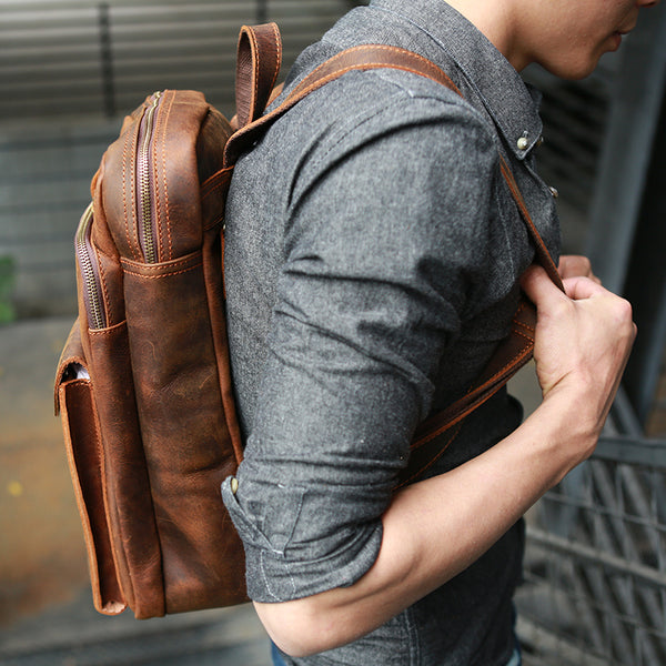 benzol leather backpacks Crazy Horse Leather Backpack Durable Travel Backpack School Backpack – RockCow Leather Studio