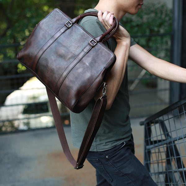 Handmade Men Leather Briefcase, Vegetable Tanned Leather Shoulder Bag  Laptop Bag Messenger Bag