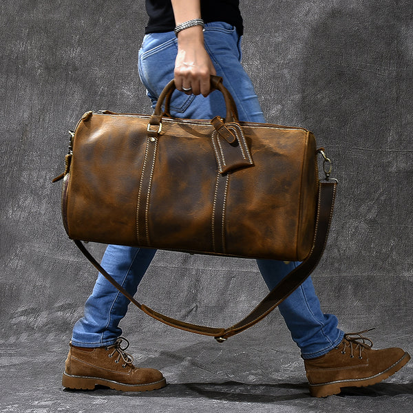 Crazy Horse Leather Men Duffle Bag Large Travel Bag With Shoes Compartment  Weekend Bag