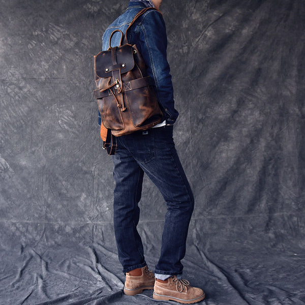 backpack for men travel Crazy Horse Leather Men Travel Backpack Retro Laptop Backpack Bucket B – RockCow Leather Studio