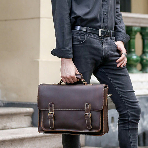 Vintage Dark Espresso Leather Briefcase for Men, Leather Messenger Bags
