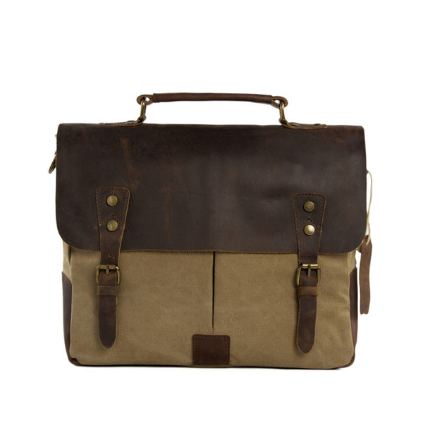 14 Inch Canvas Leather Bag Briefcase Messenger Bag Shoulder Bag Laptop Bag 1807 - ROCKCOWLEATHERSTUDIO