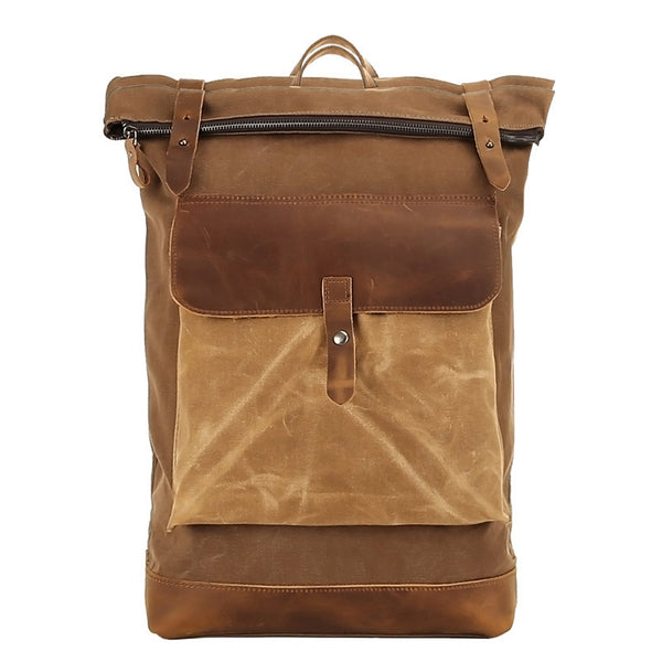 Waxed Canvas With Leather Backpack, Waterproof College Bag, Travel Bag Waxed Canvas With Leather Backpack, Waterproof College Bag, Travel Bag