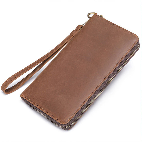 Full Grain Leather Men's Wallet Handmade Long Clutch Retro Mens Leather Zipper Wallet M1028