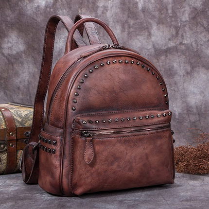Full Grain Leather Ladies Satchel Bag, Vintage Woman Backpack, Shoulder Bag A0209 - ROCKCOWLEATHERSTUDIO