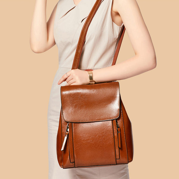 brown faux leather backpack top flap Top Grain Leather Backpack For Women Female Leather Designer Backpack – RockCow Leather Studio