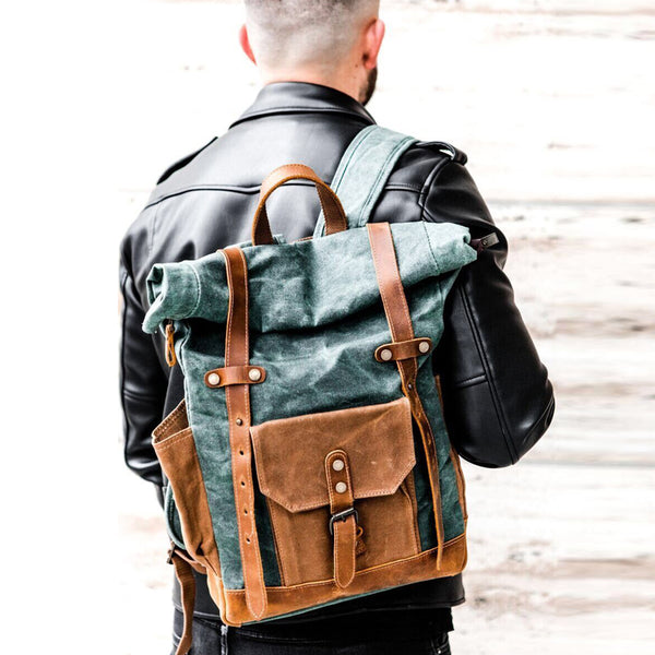 diy canvas leather backpack Wax Canvas With Full Grain Leather Travel Backpack Waterproof Waxed Ca – RockCow Leather Studio