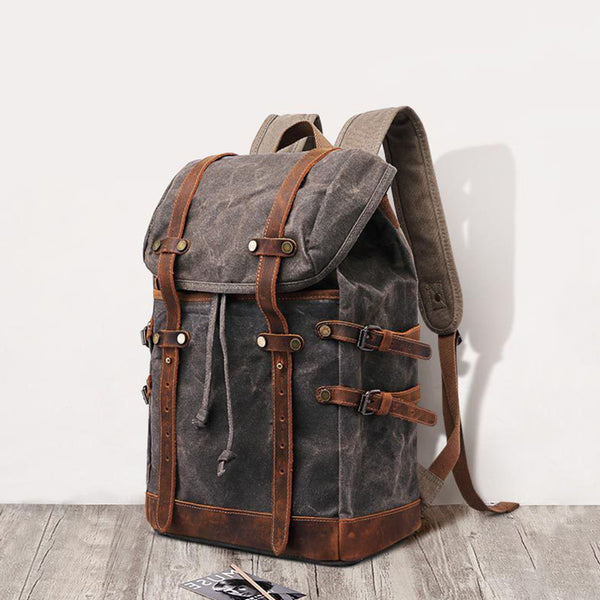 Waxed Canvas Backpack Mens Canvas With Leather Travel Backpack Retro W – RockCow Leather Studio