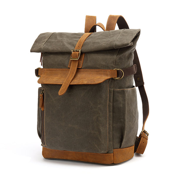 15 inch laptop backpack canvas Waxed Leather Large Travel School Bag Mens Rucksack Army Green front bag adidas Originals BACKPACK UNISEX CR Series Size:Large (Original)