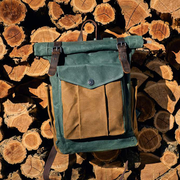 canvas leather roll top backpack Waxed Canvas Leather Backpack With Roll Up Top Unisex Waterproof Canva – RockCow Leather Studio