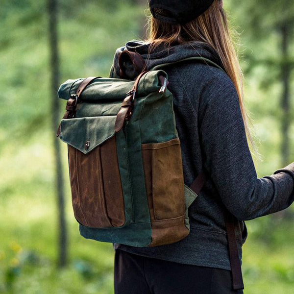 canvas and leather backpack Waxed Canvas Leather Backpack With Roll Up Top Unisex Waterproof Canvas Travel Rucksack Laptop Backpack Christmas Gifts