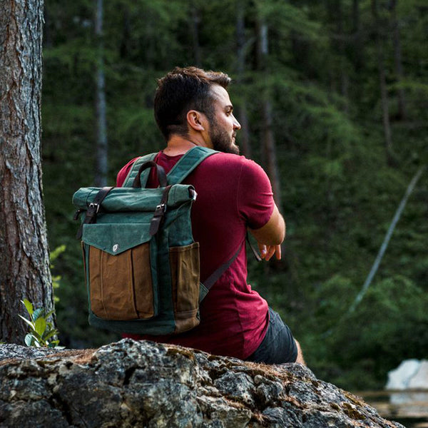 Waxed Canvas Leather Backpack With Roll Up Top Unisex Waterproof Canvas Travel Rucksack Laptop Backpack Christmas Gifts