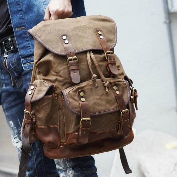 Waxed Canvas Leather Travel Rucksack Canvas With Full Grain Leather La – RockCow Leather Studio