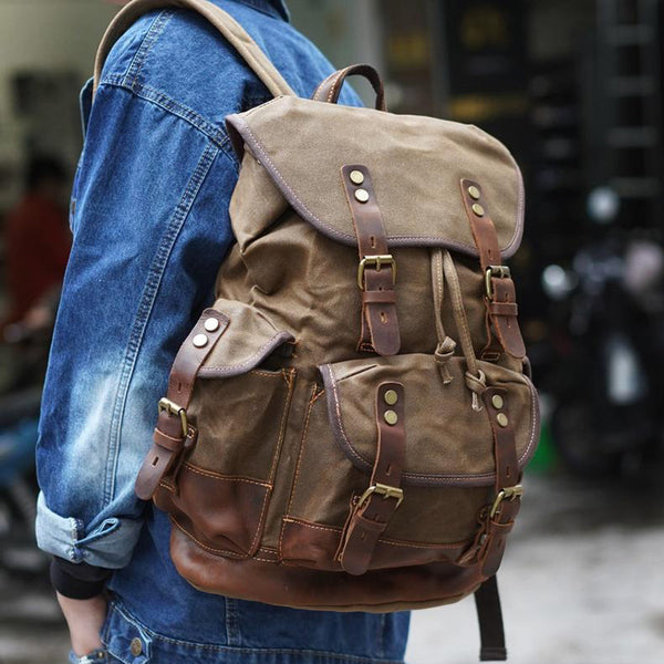 Waxed Canvas Leather Travel Rucksack Canvas With Full Grain Leather La – RockCow Leather Studio