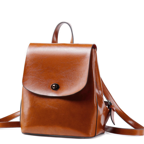 Women's Top Grain Leather Backpack Simple Style City Backpack Natural Cowhide Leather Rucksack Classic Elegant Leather Backpack