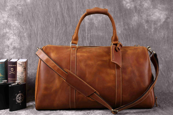 Vintage Crazy Horse Leather Duffle, Weekender with Shoe