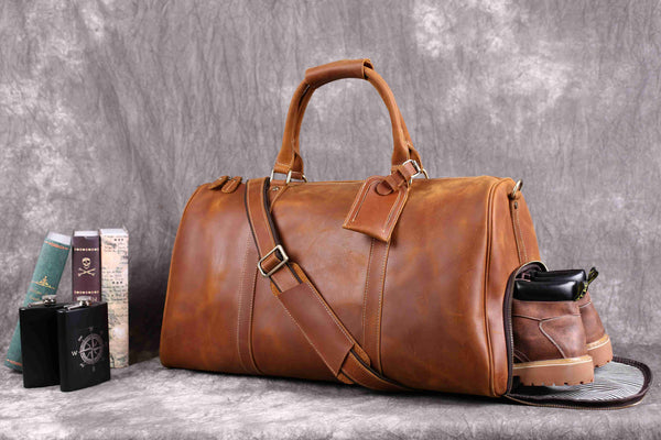 Vintage Crazy Horse Leather Duffle Bag with Shoes Compartment, Leather Travel Bag, Weekender Bag