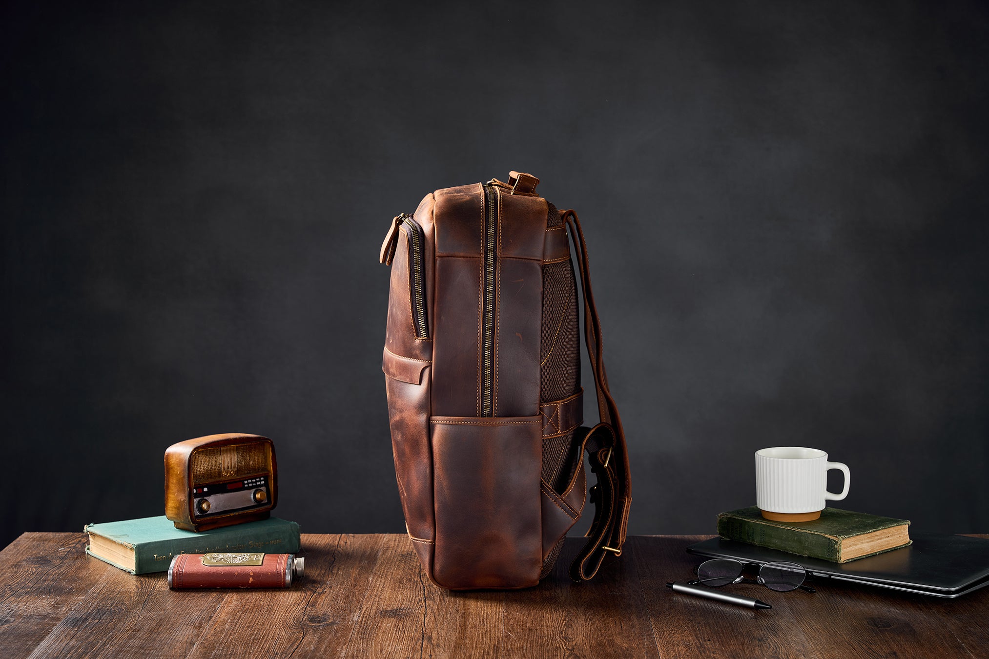 Crazy Horse Leather Backpack Men Laptop Backpack Handmade Travel Backpack MSG7635 Dark Brown / Standard Size