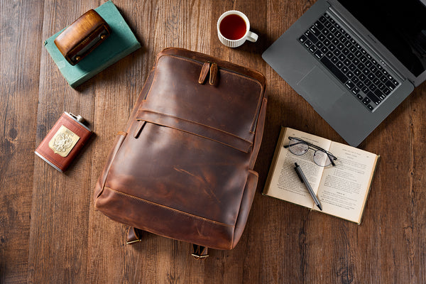 Crazy Horse Leather Backpack Men Laptop Backpack Handmade Travel Backp – RockCow Leather Studio