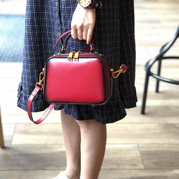 Women's Small Leather Box Bag Crossbody Clutch, Retro handmade leather crossbody bag square bag
