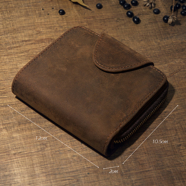 Brown leather wallet with dimensions: 12cm×10.5cm×2cm, retro design