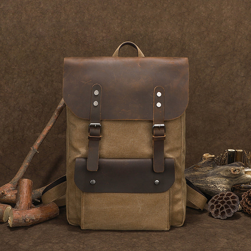 Canvas And Leather Backpack Vintage Waxed Canvas Travel Backpack Waterproof Flap Cover Canvas Laptop Backpack Camera Backpack