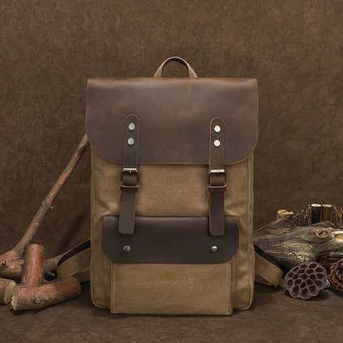 Canvas And Leather Backpack Vintage Waxed Canvas Travel Backpack Waterproof Flap Cover Canvas Laptop Backpack Camera Backpack