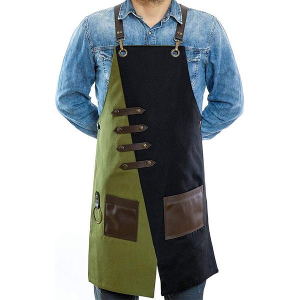 Man in olive green and black two - tone apron with brown leather details, white background